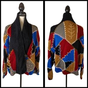 Handmade Vintage Raverly #11 Crazy Quilt Patchwork Crochet Pattern Cardigan XL